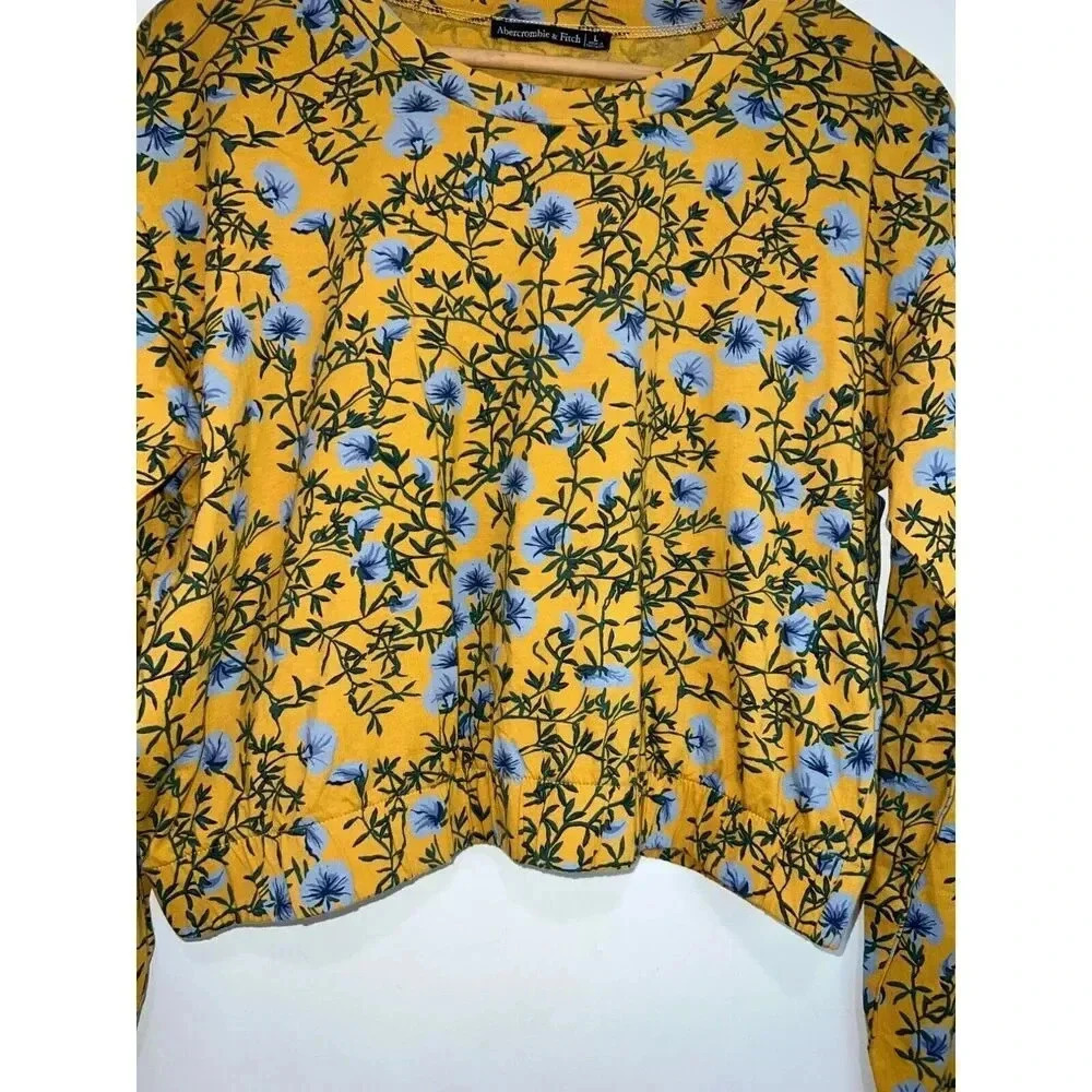 Abercrombie & Fitch sz LARGE yellow floral crop top long sleeve shirt NWT - Picture 4 of 6